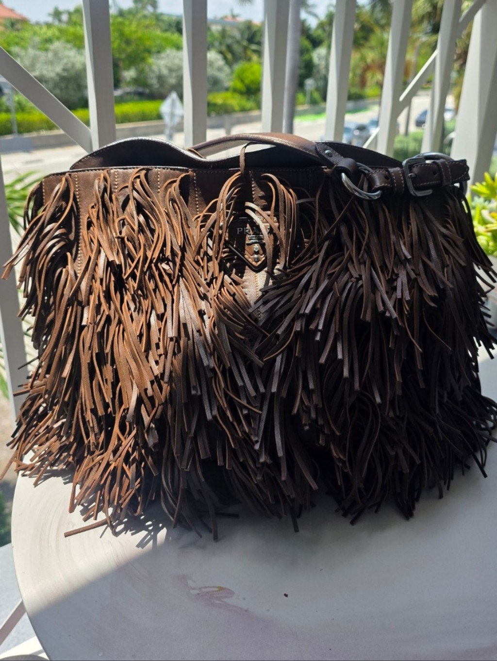 Prada Fringe Leather Shoulder Bag Brown | Made In Italy